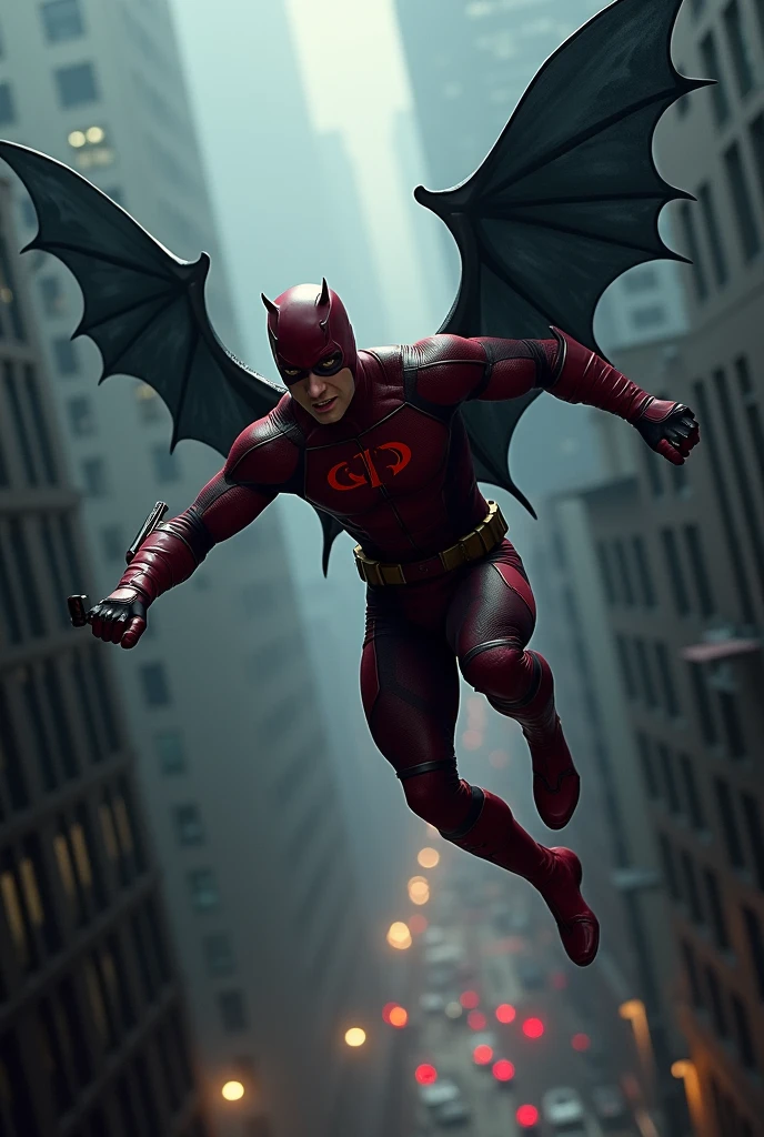 Daredevil and Vigilante Bat: Daredevil leaping across rooftops in Hell’s Kitchen with a shadowy, agile bat that helps him scout the area and track down criminals.daredevil riding vigilante