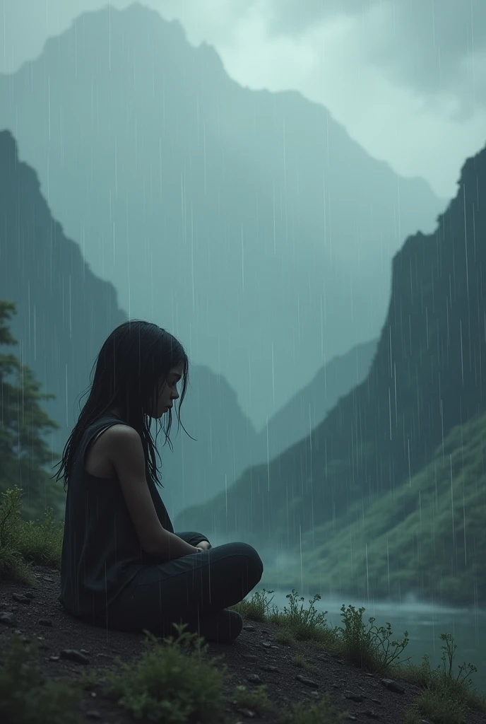 Girl seating in rain on mountain with sad