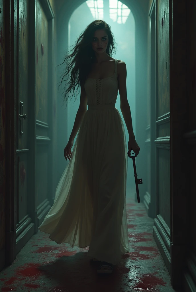 A young beautiful woman, trapped in a haunted Victorian mansion, must navigate a labyrinth of blood-soaked corridors while being hunted by a vengeful spectral entity. Her only weapon is a rusty, antique key, which she believes holds the secret to breaking the curse and escaping the house alive. blood marks on face