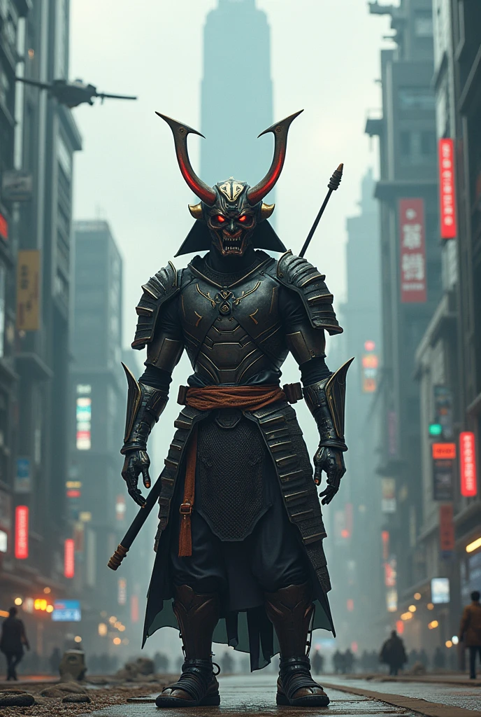 Samurai with oni mask in cyborg city