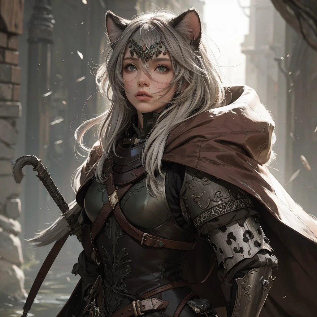 A snouted white-brown she-cat with short gray hair, green-swamp eyes and armor