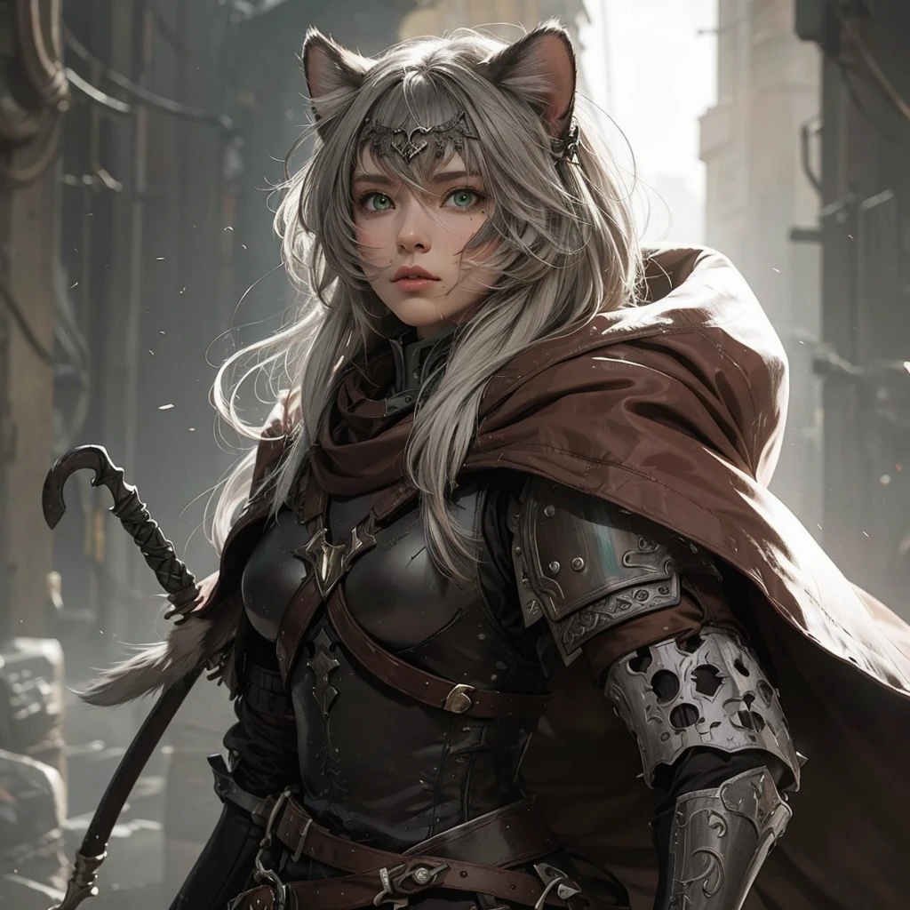 A snouted white-brown she-cat with short gray hair, green-swamp eyes and armor