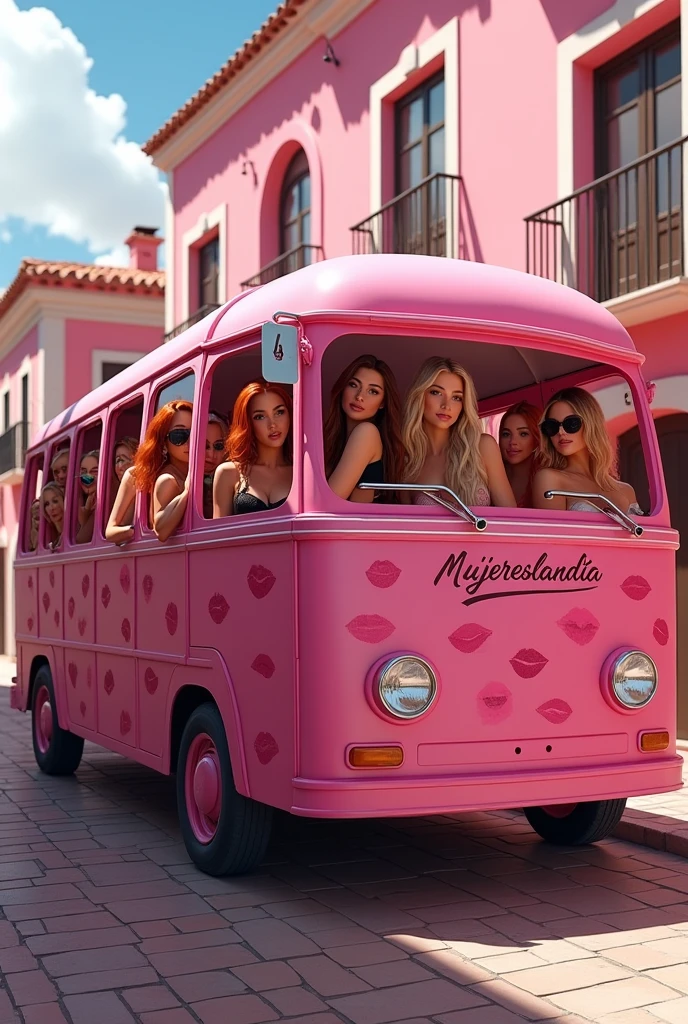 One pink bus with some beautiful blonde and redhead girls wearing sexy lingerie inside, is parked in front of a pink public bus in a pink spanish small town with pink buildings, there's a sign in the wall of the bus with the word "Mujereslandia" and signs of many 💋 on very wall.