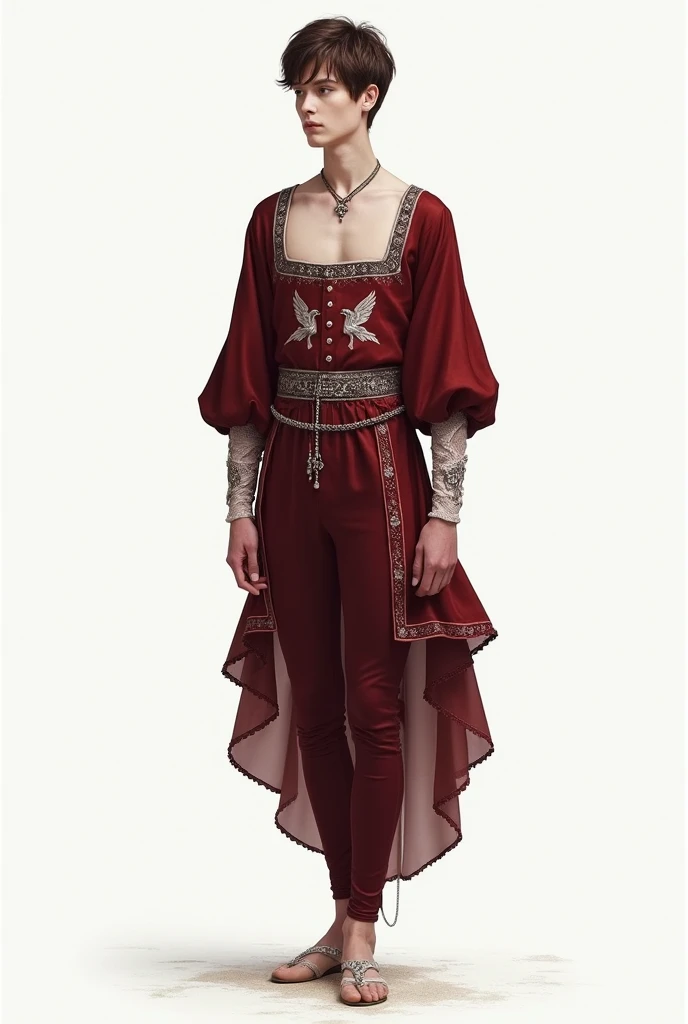 Whole body, Slim young man,ballet square neck shirt,crow prints,silk fabric, silver jewelry,along with pants with a skirt behind, medieval, silver jewelry, wine red colors, negro, white,ancient heramonal, delicate, Royals, delicate, Simple, fondo white, vista Whole body, Silk fabrics with ruffles, lace, zapatos bajos delicates