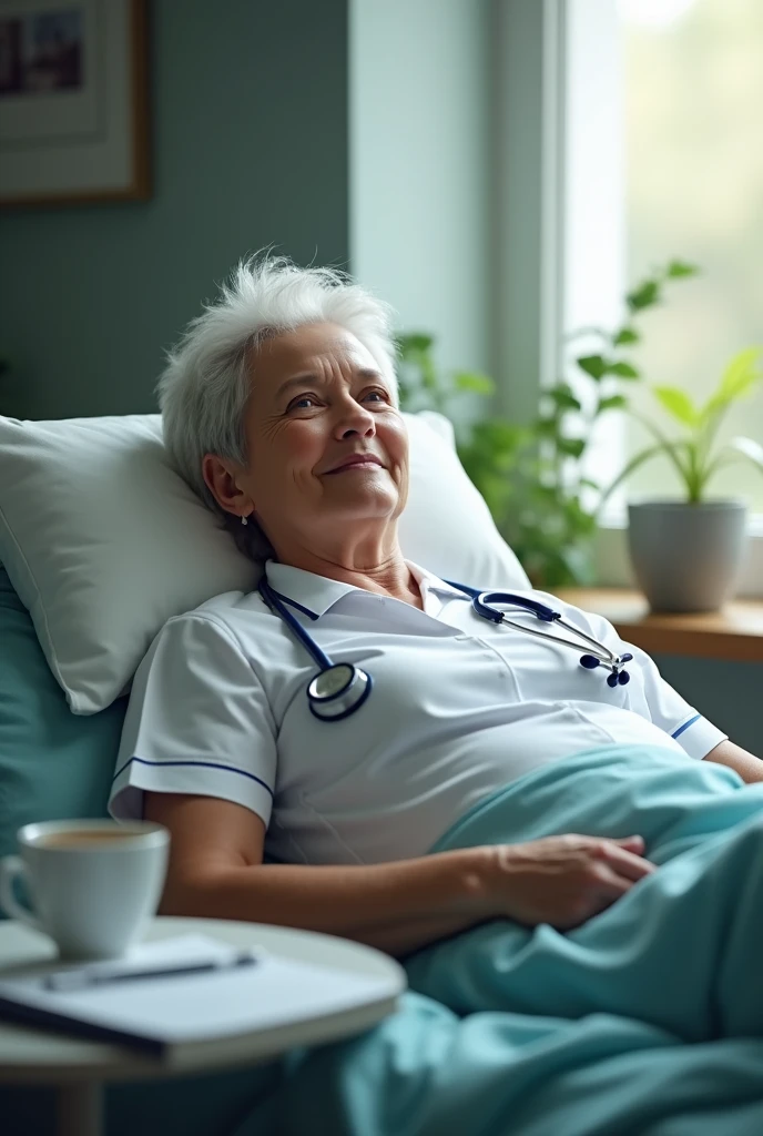 Generate me an image of an experienced nurse in horizontal 