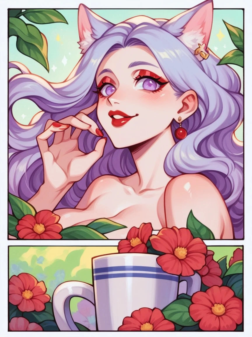 score_9, score_8_up, score_7_up, score_6_up, p4n3ls, 1girl, coffee, flowers, long hair, panels, White skin, (Fox ears), looking at viewer, doe eyes, Exquisite eyes,Red Eyeshadow, Red lips,cute laugh, Ukiyo-e, masterpiece, high quality, at the lowest limit, Tiny,White boots,Huge breasts,Bare shoulders, Hair color (light lilac)short, lavender eye color, a small cross earring in the left ear, tokyo revengers the nickname twin dragon, aesthetic panels