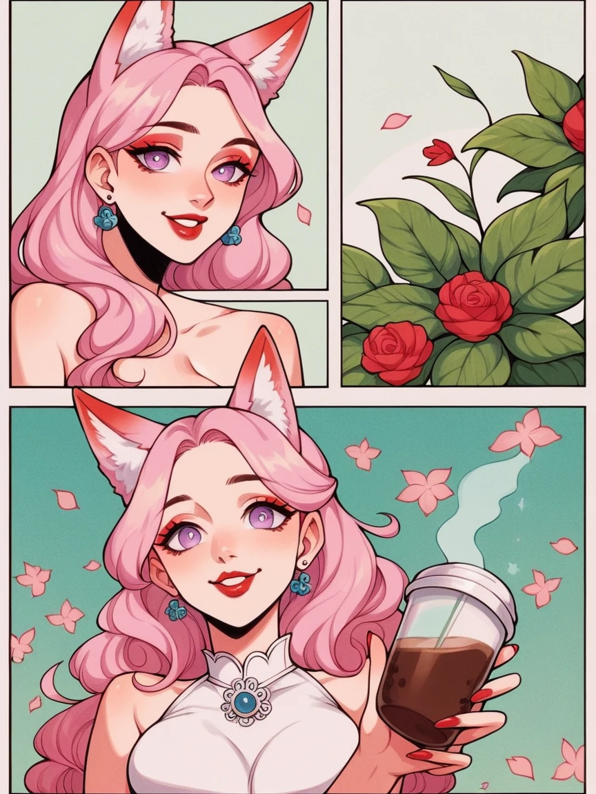 score_9, score_8_up, score_7_up, score_6_up, p4n3ls, 1girl, coffee, flowers, long hair, panels, White skin, (Fox ears), looking at viewer, doe eyes, Exquisite eyes,Red Eyeshadow, Red lips,cute laugh, Ukiyo-e, masterpiece, high quality, at the lowest limit, Tiny,White boots,Huge breasts,Bare shoulders, Hair color (light lilac)short, lavender eye color, a small cross earring in the left ear, tokyo revengers the nickname twin dragon, aesthetic panels