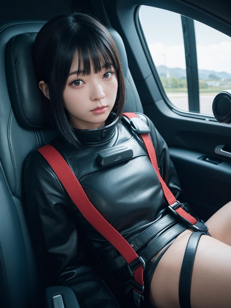 Japanese female android,Black Hair,Space capsule,I was completely strapped into a reclined seat with a thick harness, so I couldn&#39;t move.,Plump,Wide-legged squats,White robot suit,Surrounded by switches and monitors,