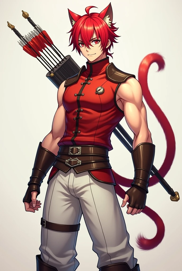 Handsome guy with red hair, small braid, cat red ears, Cat's Red Tail, Red hair, on his back is a bow and a quiver with arrows, Beautiful face, beautiful body, super detailed, professional quality, anime art, red vest with a high collar, there are metal bracers on the elbows, open shoulders, white pants, high brown boots, metal knee pads on the knees