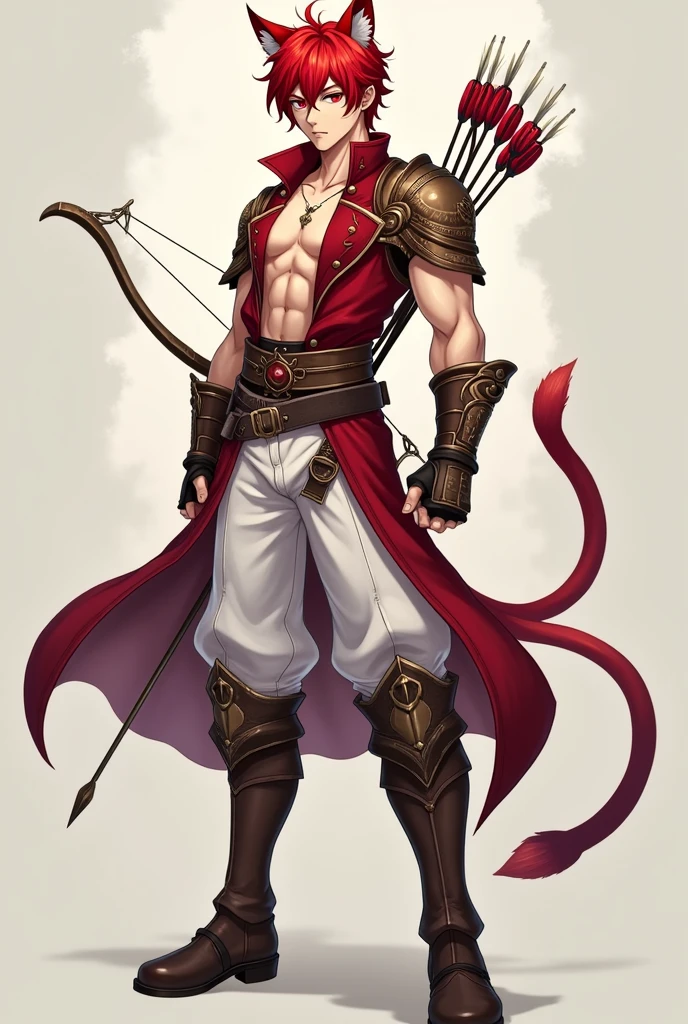 Handsome guy with red hair, small braid, cat red ears, Cat's Red Tail, Red hair, on his back is a bow and a quiver with arrows, Beautiful face, beautiful body, super detailed, professional quality, anime art, red vest with a high collar, there are metal bracers on the elbows, open shoulders, white pants, high brown boots, metal knee pads on the knees