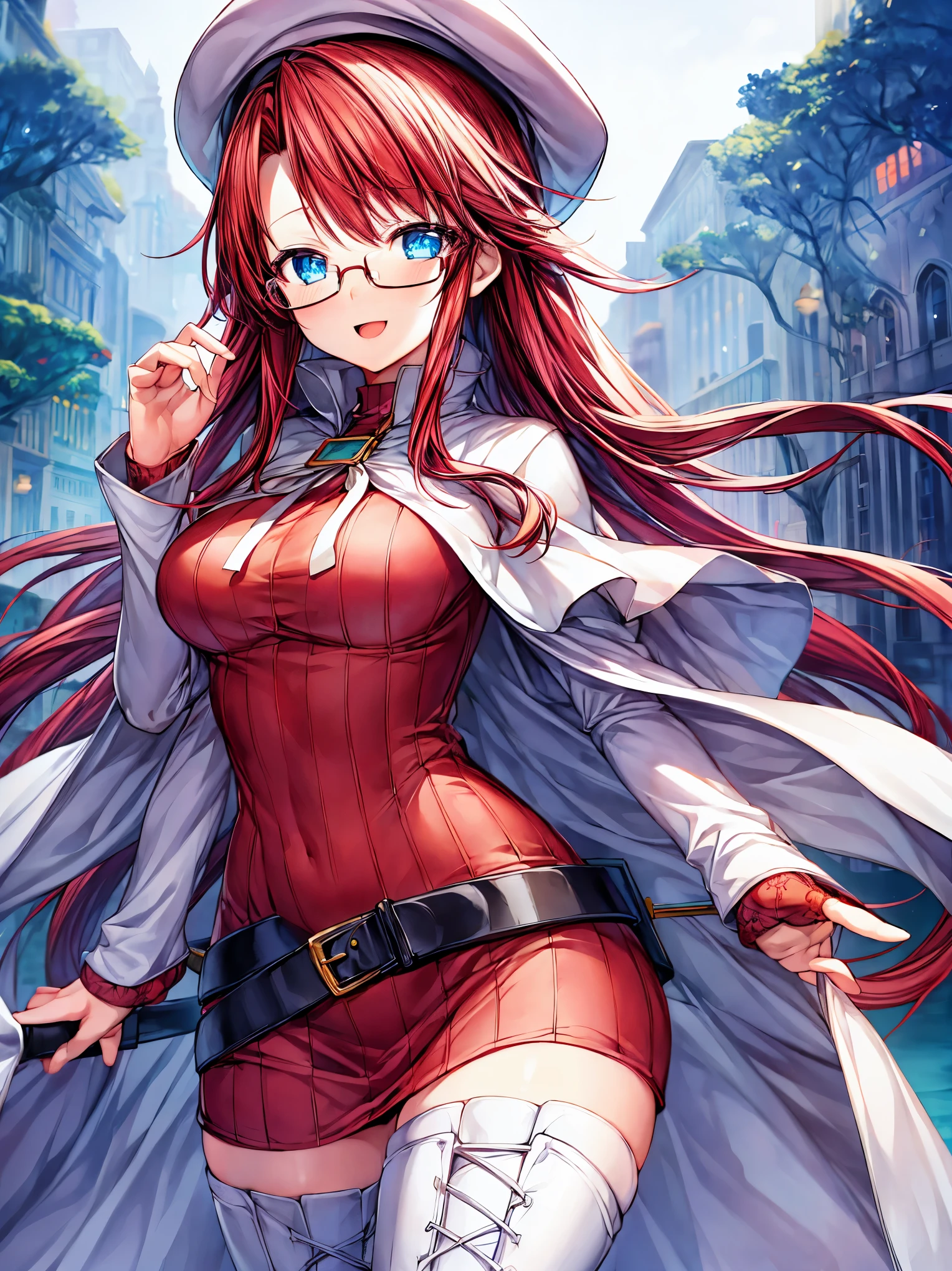 summonnightaty, aty, (young:1.3),long hair, blue eyes, red hair, large_breasts, glasses,
BREAK long hair, thighhighs, dress, glasses, belt, cape, sweater, zettai ryouiki, beret, thigh boots, white footwear, ribbed sweater, loose belt,solo,
BREAK outdoors, fantasy,,
,Highquality_hads,perfect_fingers,
BREAK (masterpiece:1.2), best quality, high resolution, unity 8k wallpaper, (illustration:0.8), (beautiful detailed eyes:1.6), extremely detailed face, perfect lighting, extremely detailed CG, (perfect hands, perfect anatomy),(covered_navel:0.8) ,half_eyes,hold_long_sword,sleepy_eyes,red_sweater,magical_effect, book,teacher,rise_knee,Smile,r,look_down_viewer,rise_hand,open_arms,night_town_landscape,plump,open_mouth, dynamic_posing,solo,put_hand_on_head