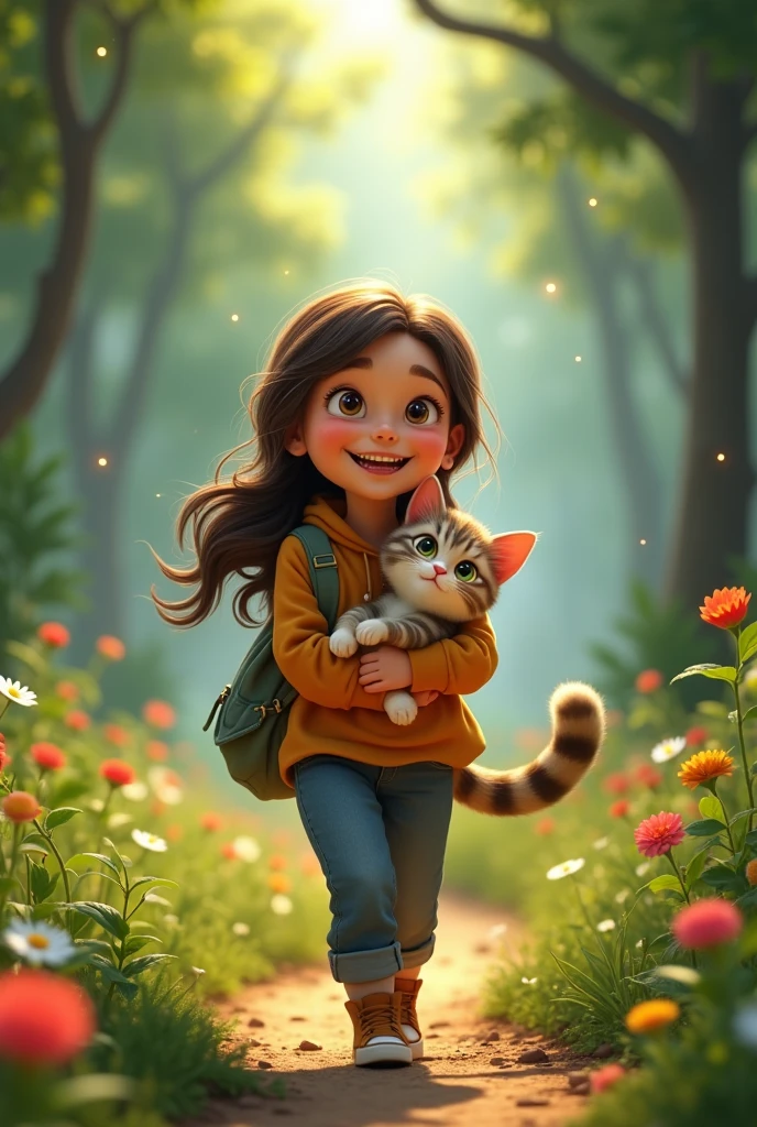 A & her cute cat ar going to.the Forest, 3d animation