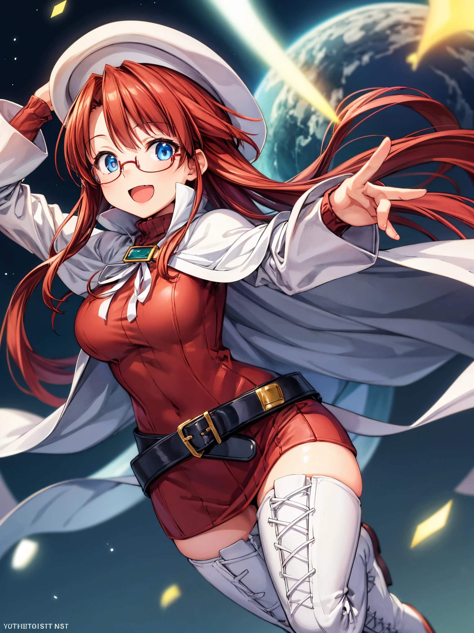 summonnightaty, aty, (young:1.3),long hair, blue eyes, red hair, large_breasts, glasses,
BREAK long hair, thighhighs, dress, glasses, belt, cape, sweater, zettai ryouiki, beret, thigh boots, white footwear, ribbed sweater, loose belt,solo,
BREAK outdoors, fantasy,,
,Highquality_hads,perfect_fingers,
BREAK (masterpiece:1.2), best quality, high resolution, unity 8k wallpaper, (illustration:0.8), (beautiful detailed eyes:1.6), extremely detailed face, perfect lighting, extremely detailed CG, (perfect hands, perfect anatomy),(covered_navel:0.8) ,half_eyes,hold_long_sword,sleepy_eyes,red_sweater,magical_effect, book,teacher,rise_knee,Smile,r,look_down_viewer,rise_hand,open_arms,night_town_landscape,plump,open_mouth, dynamic_posing,solo,put_hand_on_head