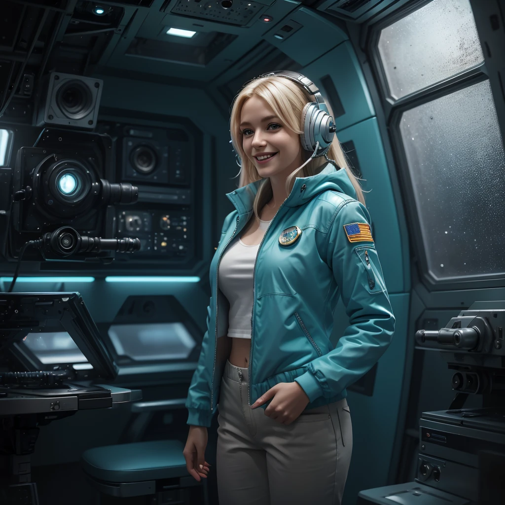 Beautiful blonde woman(best quality,4k,8k,highres,masterpiece:1.2),ultra-detailed,(realistic,photorealistic,photo-realistic:1.37),HD,sky1, stunning detailed, a 30 year old woman in grey cloth trousers, a white shirt and teal jacket white trainers, she is standing in the crew quarters of a giant space craft,  she is smiling at the camera,  she is in a large room, night time through the windows, space nebulas and controls, she is wearing headphones and has a gold badge,