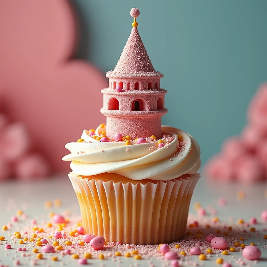 a picturesque cupcake version of the Galata Tower in Istanbul, colorful sprinkles, cream frosting, detailed architecture, (best quality,4k,8k,highres,masterpiece:1.2),ultra-detailed,(realistic,photorealistic,photo-realistic:1.37),intricate decorations, delicious treat, mouthwatering, confectionery art, tempting dessert, delectable design, sugary delight, culinary masterpiece, architectural pastry