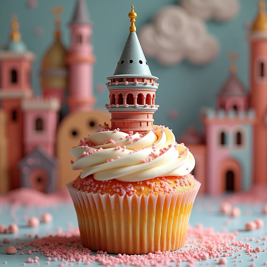 a picturesque cupcake version of the Galata Tower in Istanbul, colorful sprinkles, cream frosting, detailed architecture, (best quality,4k,8k,highres,masterpiece:1.2),ultra-detailed,(realistic,photorealistic,photo-realistic:1.37),intricate decorations, delicious treat, mouthwatering, confectionery art, tempting dessert, delectable design, sugary delight, culinary masterpiece, architectural pastry