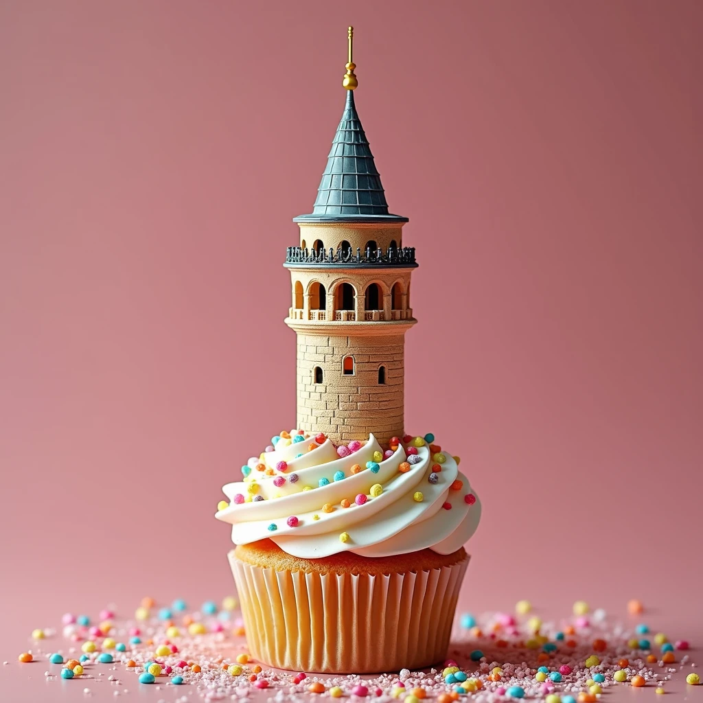 a picturesque cupcake version of the Galata Tower in Istanbul, colorful sprinkles, cream frosting, detailed architecture, (best quality,4k,8k,highres,masterpiece:1.2),ultra-detailed,(realistic,photorealistic,photo-realistic:1.37),intricate decorations, delicious treat, mouthwatering, confectionery art, tempting dessert, delectable design, sugary delight, culinary masterpiece, architectural pastry