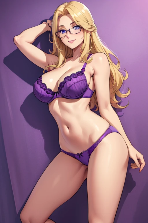 female, blonde long hair, blue eyes, (((1girl))), (((purple bra))), (purple pajama panties), (glasses), cute and sexy, full body, large breasts, large butt, long legs, smiling, butt showing