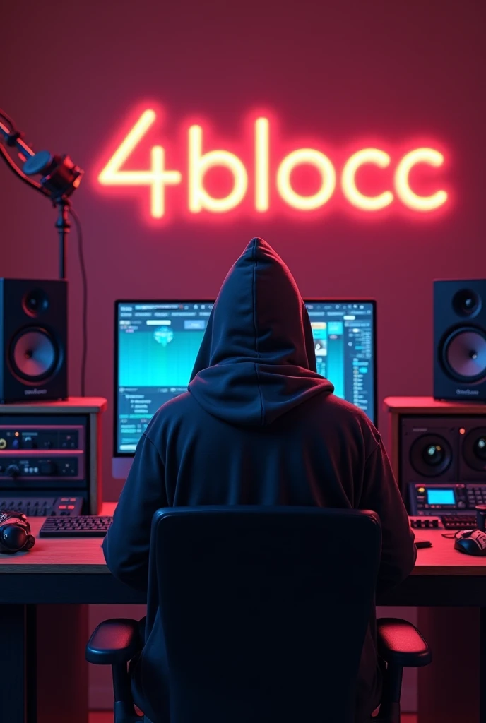 Written by 4blocc In a music studio With a PC inside Spotify and Someone with a hooded sweatshirt on their back using the PC, without seeing who the person is On the sweatshirt it says 4blocc On the wall it says 4blocc