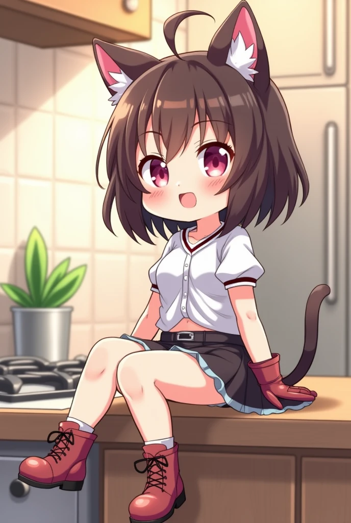 a chibi anime 1girl sitting on a kitchen, cat ears, shirt, bottomless, smile, gloves, boots, some perfect pussy, spread legs