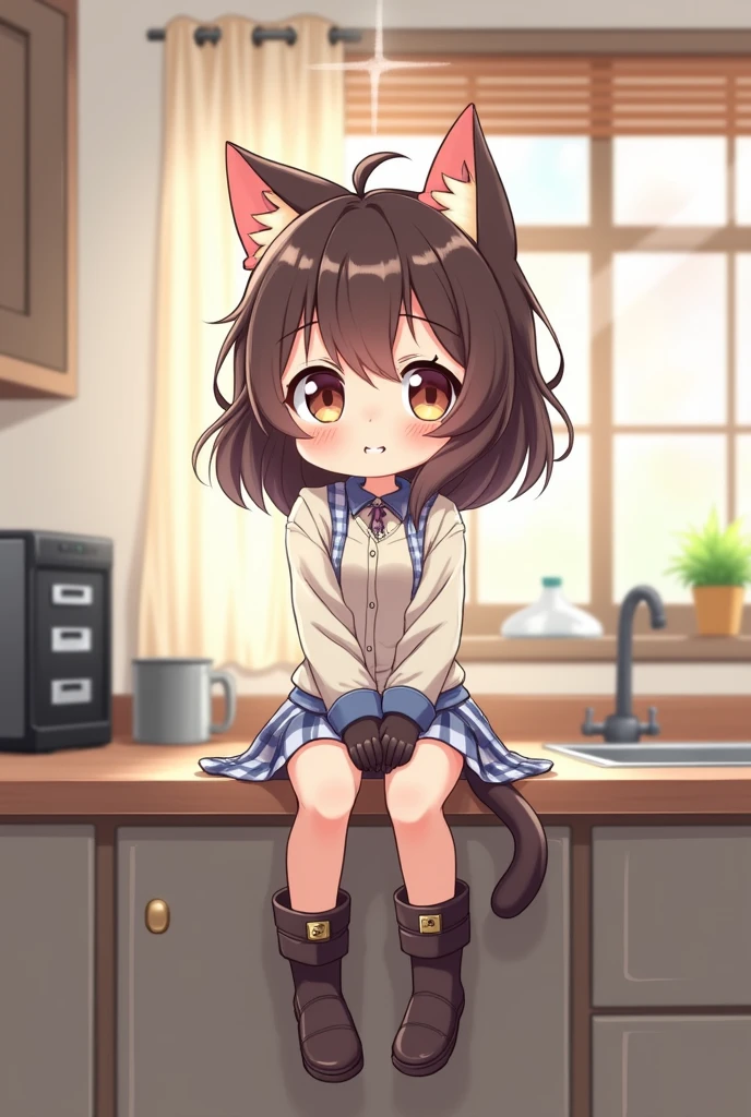 a chibi anime 1girl sitting on a kitchen, cat ears, shirt, ??????????, smile, gloves, boots, some perfect pussy, spread legs