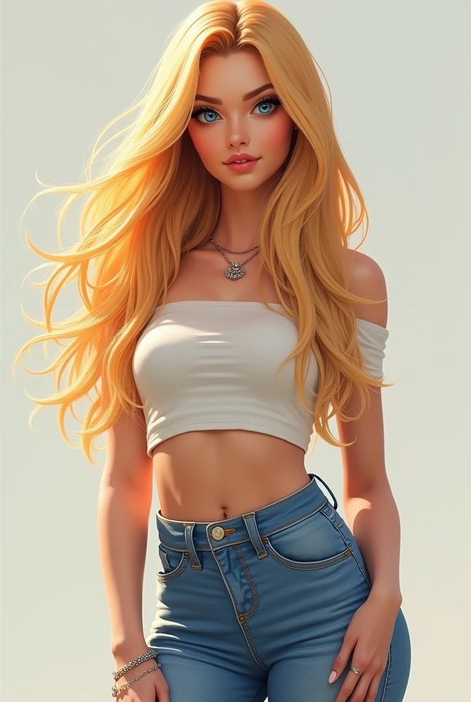 A  girl Blonde. She wears a crop top and denim hotpants. 