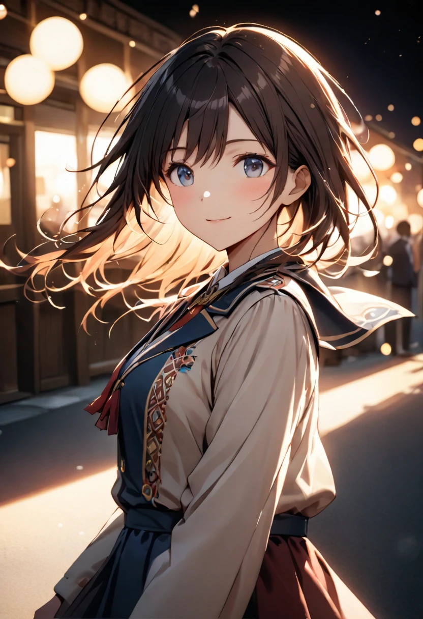 Highest quality,Delicate illustration,Detailed depiction, masterpiece, Boho Eye Hinai Girl, Playful Themes, Group of 2、Two girls、High school girls、Same uniform、Raw photo of a girl in uniform。Decorative details and symbols are often used。, Brown hair gently fluttering in the wind,Clear blue eyes、A gentle smile、Raw photo of a girl in uniform。Decorative details and symbols are often used。, Black hair gently fluttering in the wind,Clear red eyes、A gentle smile、 Long-distance shots, High Key Light, Hard Shadows, Soft bokeh, Professional photography, A balanced deal, Balanced Exposure,