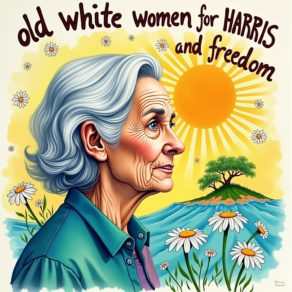 black background,psychedelic, hippie from the 60s hand-drawn aesthetic.The center feature a realistic watercolor portrait of an elderly woman in profile,capturing the details of her face, highlighting the wrinkles and contours,Use cool blues and greens for her clothing,depict her hair in various shades of white and gray with subtle blue undertones,behind her is illustration of an island with a rising sun and rays extending outward, stylized waves, in the center. Use playful, tones light blue, yellow green.Incorporate the text 'Old White Women for Harris and Freedom' in bold, rounded typography font with a hand-drawn at the top and below,scattered small daisies