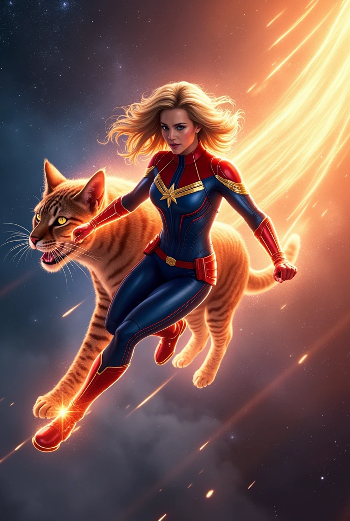 Captain Marvel and Cosmic Cat: Captain Marvel flying through space with a glowing, star-patterned cat alongside her, navigating through cosmic phenomena and alien worlds.captain marvel riding cosmic cat cosmic cat is a big cat