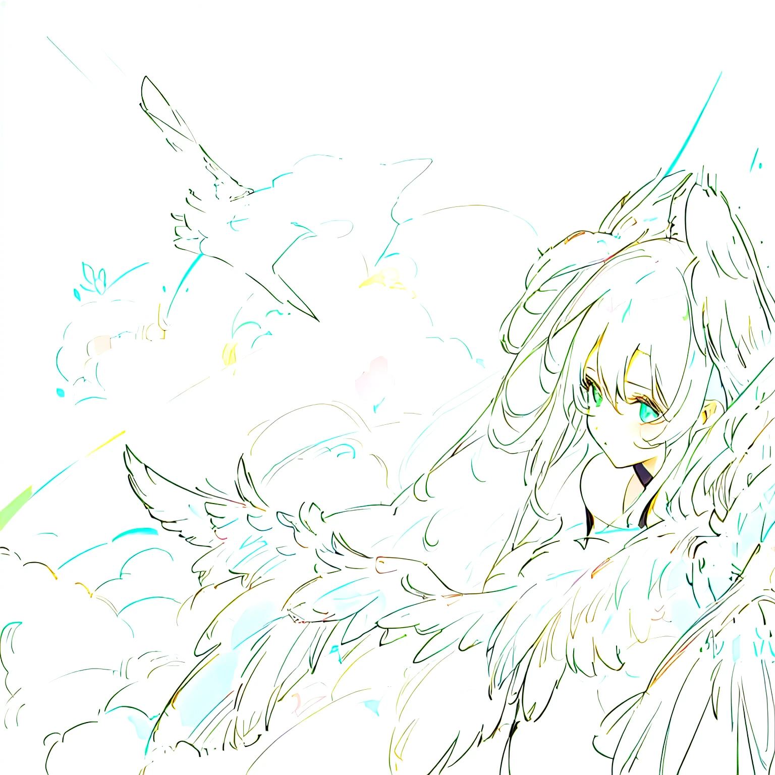 A long hair,Portrait of a woman with long tail, Clear anime silhouette, Detailed but rough, simple Line Art, clean Line Art, thick Line Art, 强烈的Line Art, A painting of a girl with soft contours, wispy gigantic wings, Line Drawing, thick black Line Art, The wind blows, Line Drawing!!, Line Art, sketch, Feathery wings