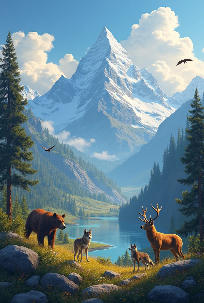 mountains in bcakground in front side different animals
