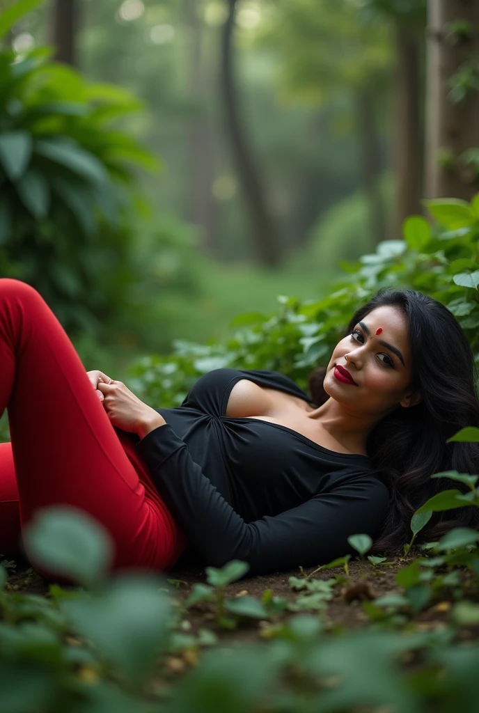 1girl, breasts, cleavage, long_hair, large_breasts, solo, lying, black_hair, kurti, leggings, outdoors, on_side, facial_mark, forehead_mark, black_kurti, red_leggings, realistic, pantyhose, blurry, lying down, garden, plantation, garth
