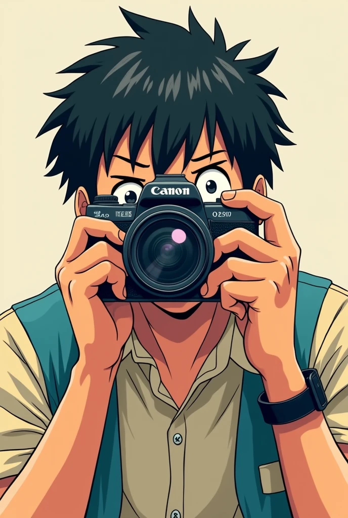 An anime man trying to take a picture of me with a canon camera (the camera is in front of his face looking through the view finder) the eyes is covered with the camera