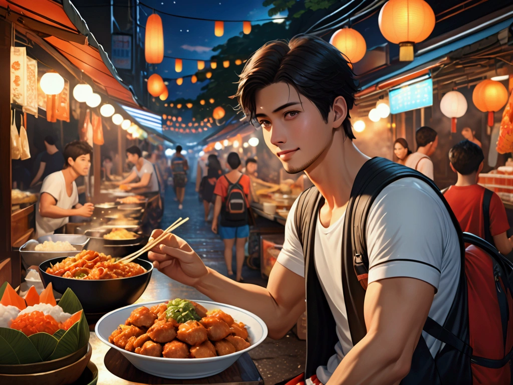 Japanese,2 ,  handsome， the weather is summer，Wear sporty outfits，For example, vest（Super detailed, Realistic, best quality, 4K, 8k, High resolution, masterpiece:1.3)The background is Bangkok, Thailand，night market, eating food, happy
