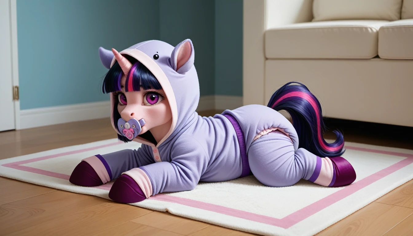 pony, Unicorn, purple wool, dark blue mane with purple streak and pink streak, the tail is dark blue with a purple strand and a pink strand, purple eyes, sitting in the room on a soft play mat, adult filly, dressed in a onesie and booties, pacifier in mouth, solo, thick diaper under clothes.