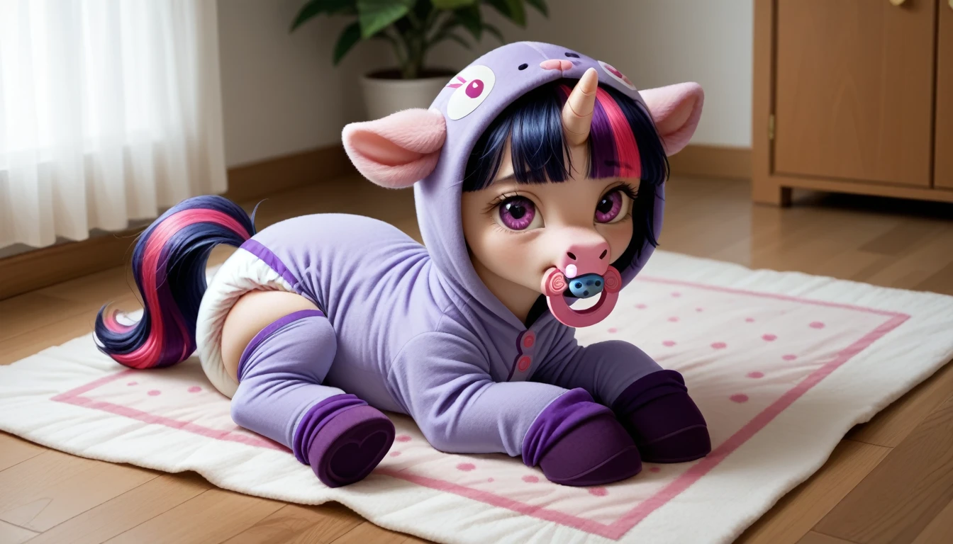 pony, Unicorn, purple wool, dark blue mane with purple streak and pink streak, the tail is dark blue with a purple strand and a pink strand, purple eyes, sitting in the room on a soft play mat, adult filly, dressed in a onesie and booties, pacifier in mouth, solo, thick diaper under clothes.