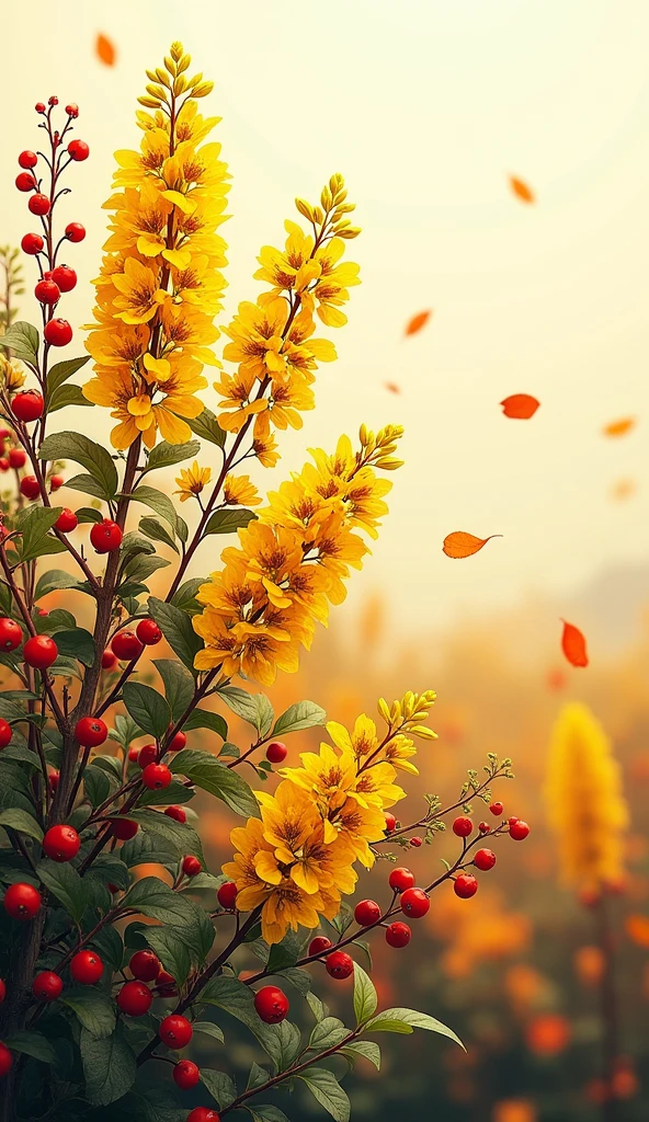 The design features a blend of goldenrod flowers and the Rowan tree, symbolizing September in the USA and UK.Top Half: The upper portion of the wallpaper showcases goldenrod flowers, with their bright yellow blooms standing tall against a soft, early autumn sky. The flowers are clustered together, creating a lush, vibrant scene that radiates the warmth of late summer transitioning into fall.Bottom Half: Gradually blending from the goldenrod, the lower half of the wallpaper features branches of the Rowan tree. The branches are heavy with vivid red berries, standing out against dark green leaves, creating a striking contrast that embodies the essence of early autumn.Color Palette: The entire wallpaper has warm, earthy tones—yellows, greens, and reds—that evoke the feeling of September, with a subtle gradient transitioning from the soft light of late summer at the top to the deeper, richer hues of autumn at the bottom.
