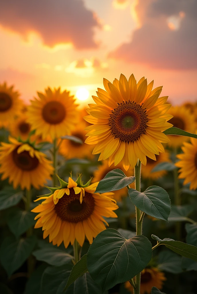A stunning image captures a sunflower field bathed in the warm glow of sunset. The sun's golden rays paint the sky with hues of orange, pink, and purple, casting a soft light over the vibrant yellow petals. Each sunflower stands tall, facing the fading sun, creating a serene and breathtaking scene that embodies the beauty of nature and the peacefulness of twilight. This image evokes a sense of tranquility and awe, as the day's end is celebrated by these magnificent flowers.