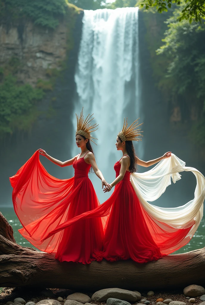 Photoshot of 2 beautiful women wearing red and white dresses and wearing mah kota with a unique texture and dancing on a huge fallen tree and under a beautiful waterfall playing with long and colorful cloths and lots of flying cloths