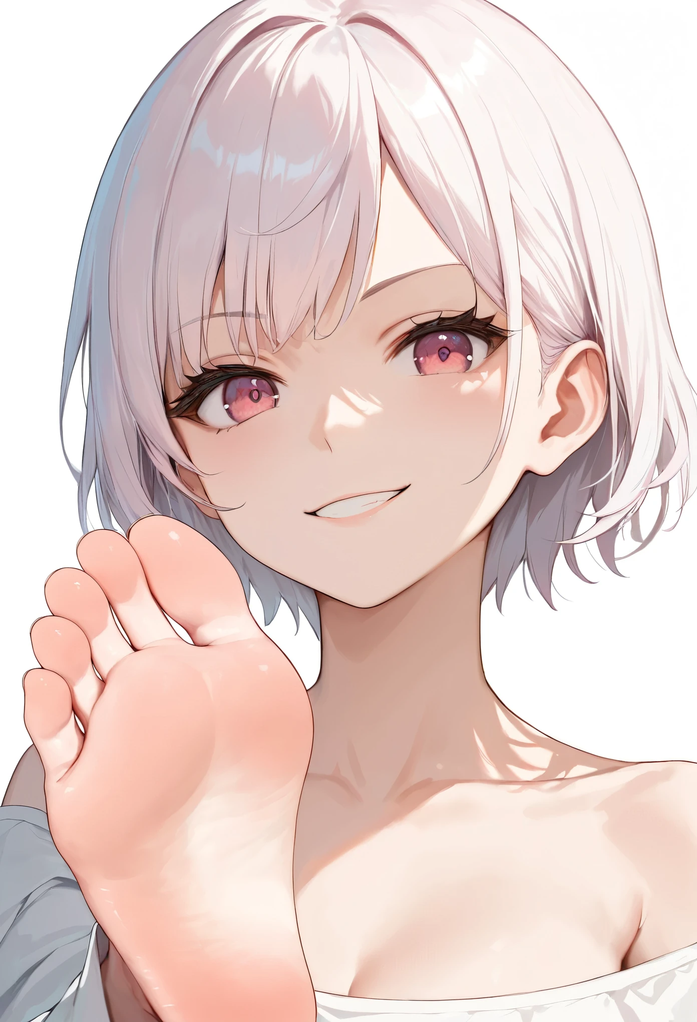 score_9, score_8_up, score_7_up,source_anime, high res image,masterpiece,best quality,girl,cute face,clear skin,simple_background,white hair,short hair,pink eyes,inner_pink_hair,feet_close_up,smirk,