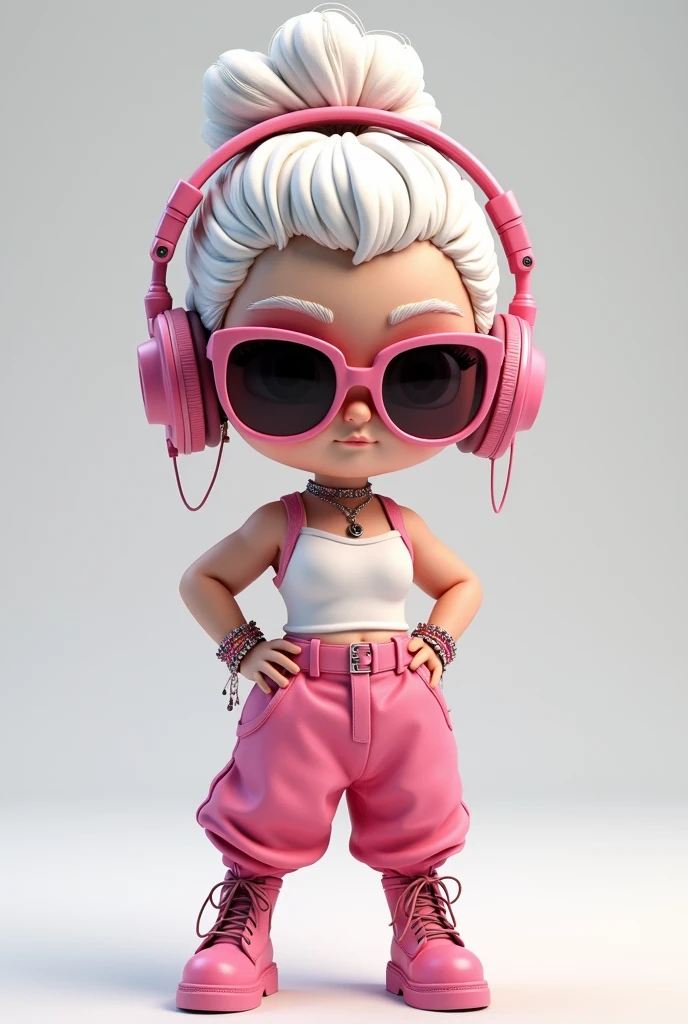 Close-up of a doll wearing sunglasses、Highly detailed 3D chibi character with white messy updo hair、Charactersタンクトップを着て、Pants、Pink baggy pants、Characters、High cut boots、Characters、A little chubby、She is wearing large, stylish headphones that match her outfit.。It gives off a cool and edgy vibe.。The character's facial expression is confident。
