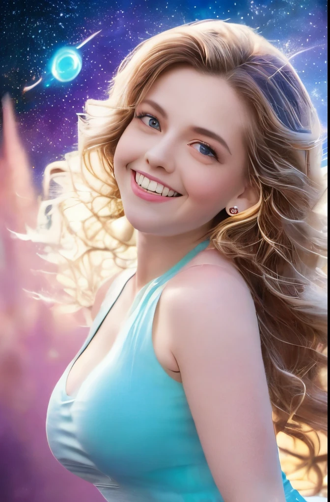 High detail, super detail, super high resolution, girl enjoying her time in the dream galaxy, surrounded by stars, warm light sprinkled on her, background is starry sky with colorful galaxies and galaxy clouds, stars flying around her, delicate face, adding playful atmosphere
