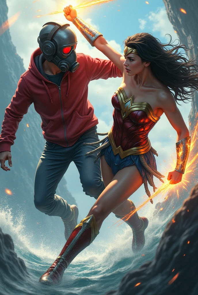 ??? Star-Lord with red hoodie, Rocket boots, headphones, star-lord helmet, gas helmet, Covered mouth, Round & red eyes + Wonder woman, big breasts, perfect body, Busty, realistic, power, Kick, Attack, magic rings in the hands, Fighting, power, fiction, full body, 2 persons, magic lasso, hight, fall, fire in boots, powerful spells, realistic, war, ocean, spells, Cayendo del cielo.