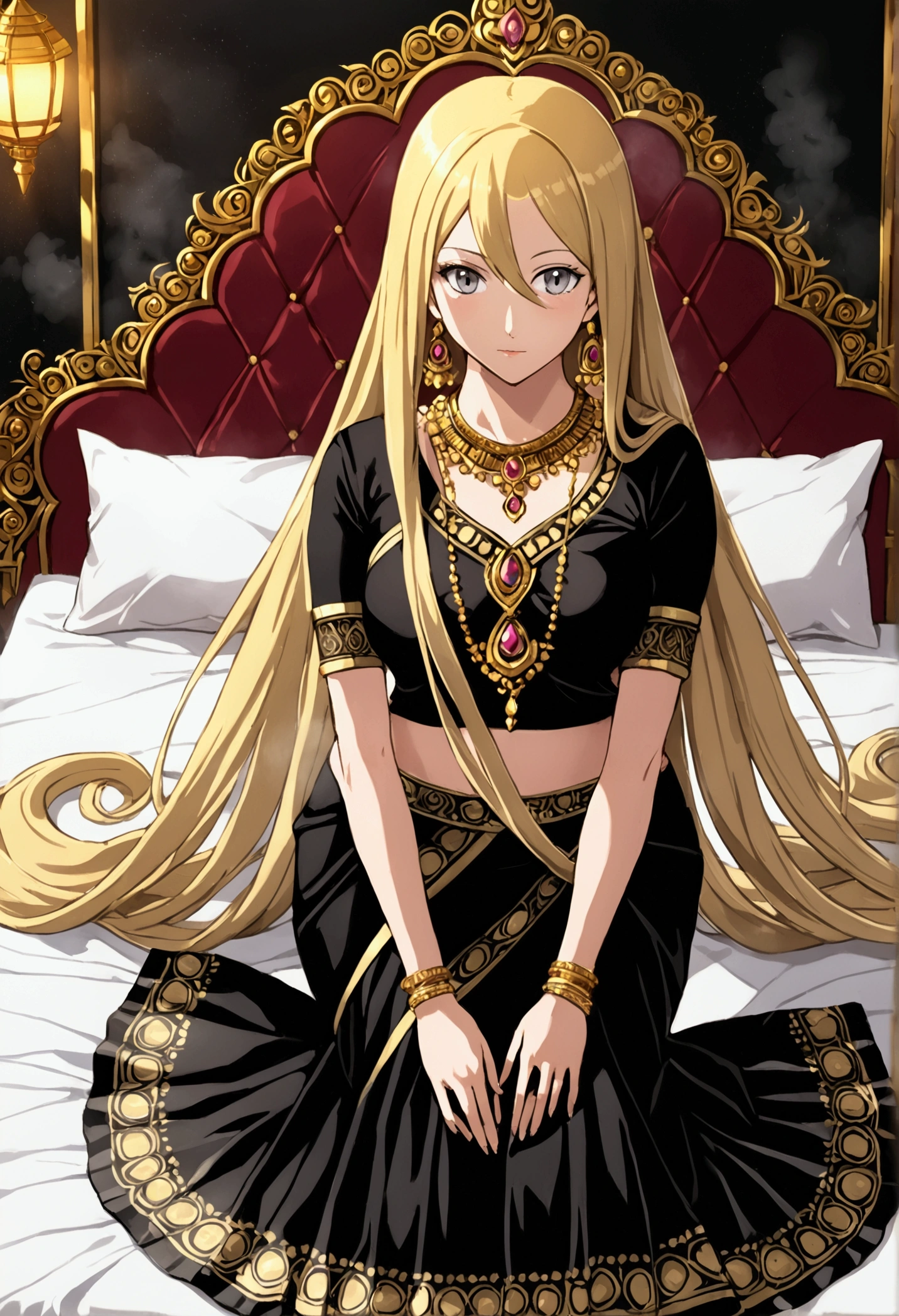 Cynthia from Pokemon, wearing black thin Indian saree , long blonde hairs , on a bed , romantic surrounding, Laying on the bed , photo session , grey eyes, black eyelids, sexy expressions , one adult mature women, human body structure , no ornaments, steam in room , sweating , Pokemon plushies behind misty , saree with golden printed design.