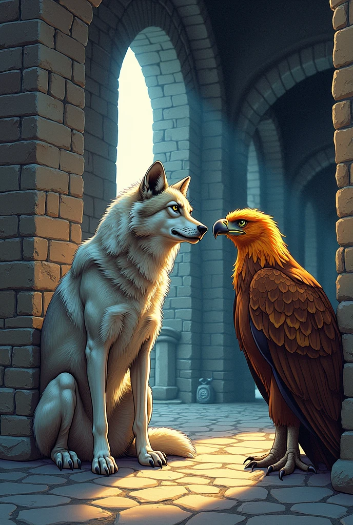 A tame wolf and an eagle with bright golden feathers talking, they are inside a medieval brick tower, I want vibrant and very eye-catching colors, comic book style. 