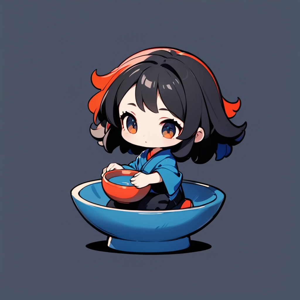 ultra-small deformation, Chibi Cute, 1girl, solo, full body, She is sitting on a large potter's wheel, holding a ceramic bowl, jitome, High contrast and vivid color, simple background