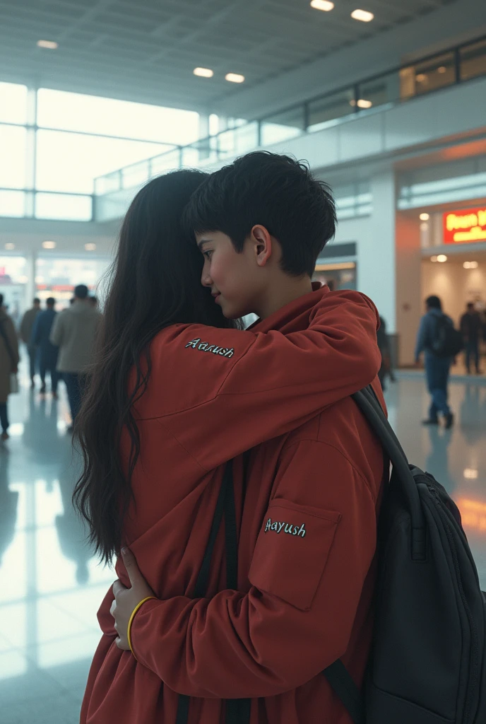 (photorealism.1.2) A beautiful young girl is standing on the Tribhuwan International Airport. She is about to fly for Japan. She is crying with her brother. Her name is Sonima and her brother name is Aayush. Their name is printed on their dress.