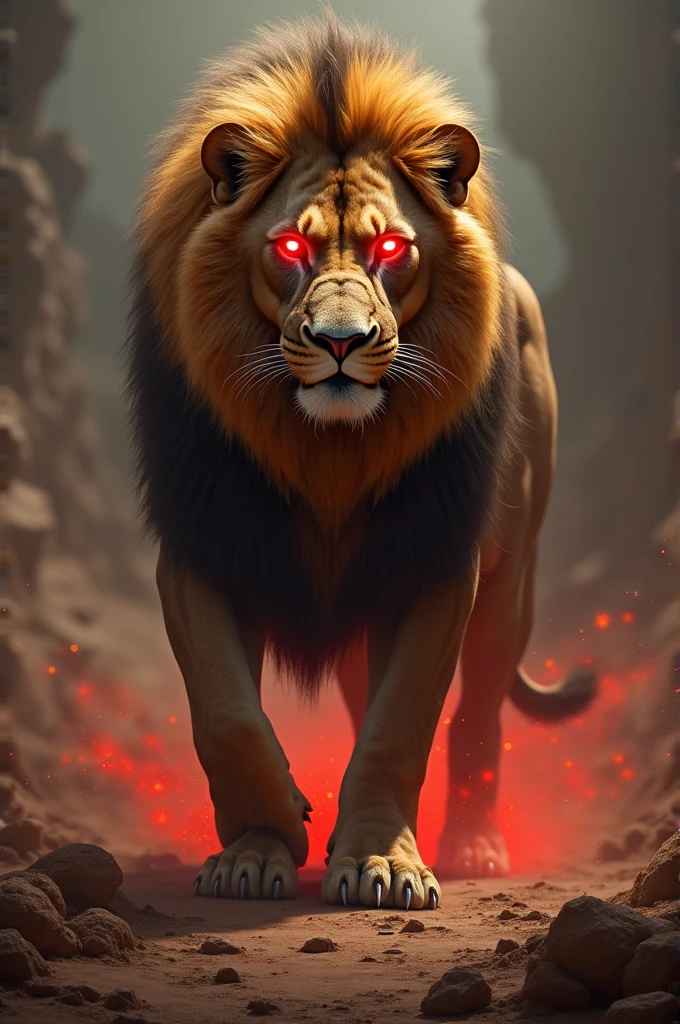 A lion with red eyes
