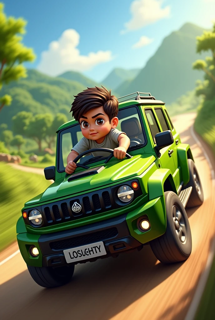 Boy driving green mahaindra suv scorpio fast