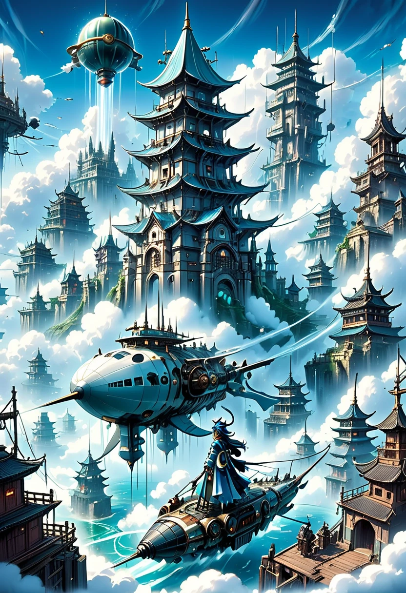 (Aerial city of the future),Remains,sea of clouds,airship,The World of Soratorobo,water is gushing out,Artillery battery,Fusion with fantasy,Castle in the Sky,magic,suspicious,See through,